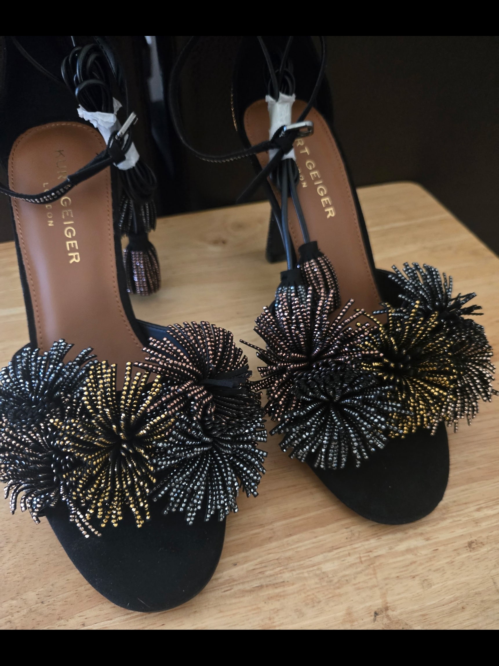 Kurt Geiger Black Beaded Pom Embellished Women’s Heeled Sandals